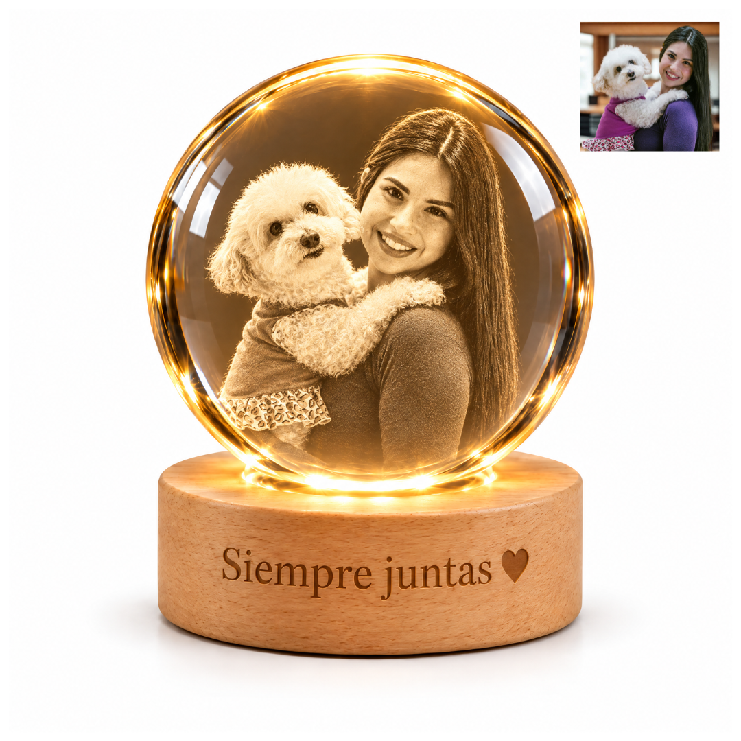 Esfera de cristal personalizada con una foto de una mujer abrazando a su perro y base de madera grabada con texto "Siempre juntas"